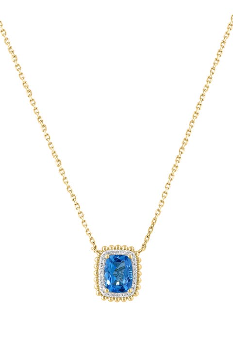 14K Gold Blue Topaz & Diamond Halo Pendant Necklace - 0.08ct.