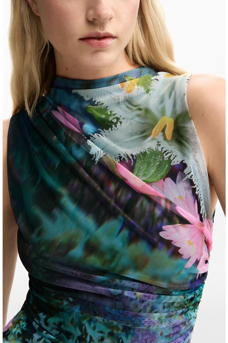 Floral Print Ruched Mesh Minidress, Alternate, color, GREEN