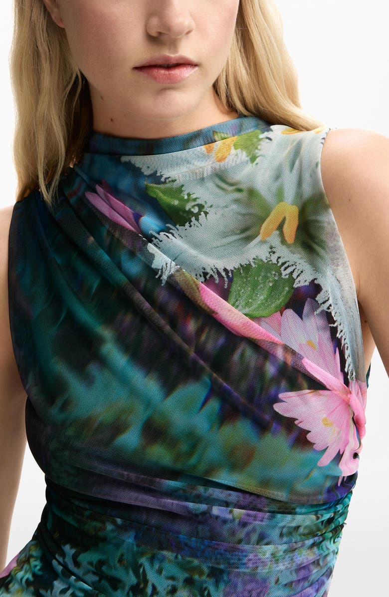 Desigual Floral Print Ruched Mesh Minidress, Alternate, color, 