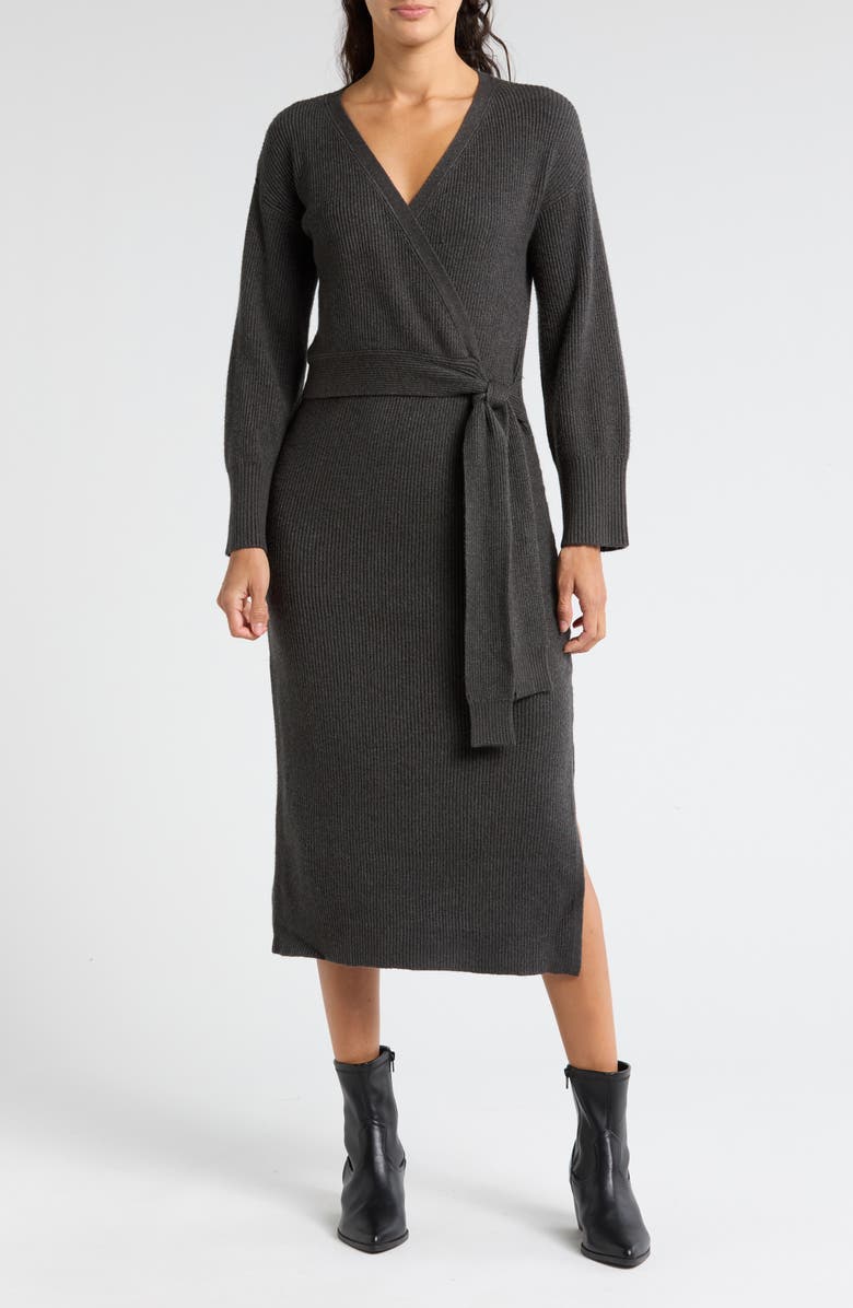 WAYF Long Sleeve Wrap Sweater Dress, Main, color, Charcoal