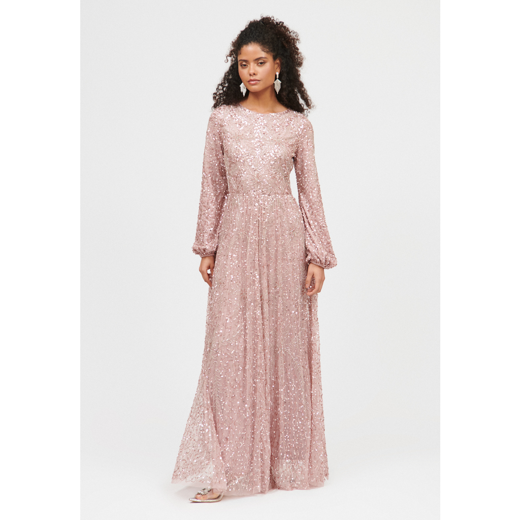 Shop Maryisa Occasion Modest Embellished Sequin Beaded Floral Evening Dress In Frosted Pink