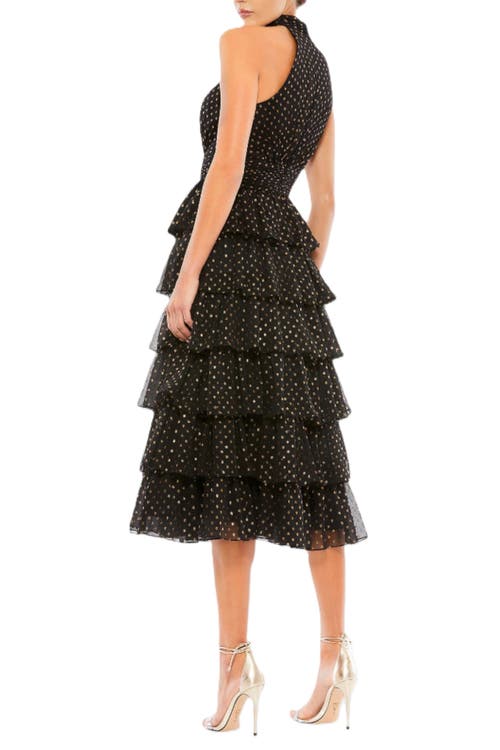 Mac Duggal High-neck Tiered Dotted Midi-dress In Black Gold