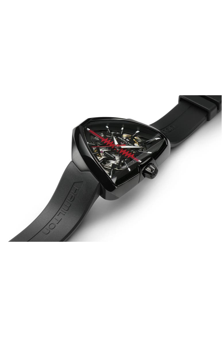 Ventura Elvis80 Skeleton Automatic Rubber Strap Watch, 44.6mm, Alternate, color, BLACK/BLACK