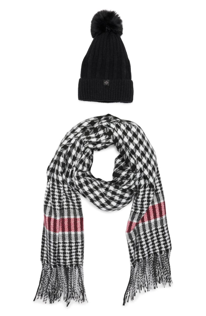 Nanette Lepore Faux Fur Pompom Beanie & Scarf Set, Main, color, Black