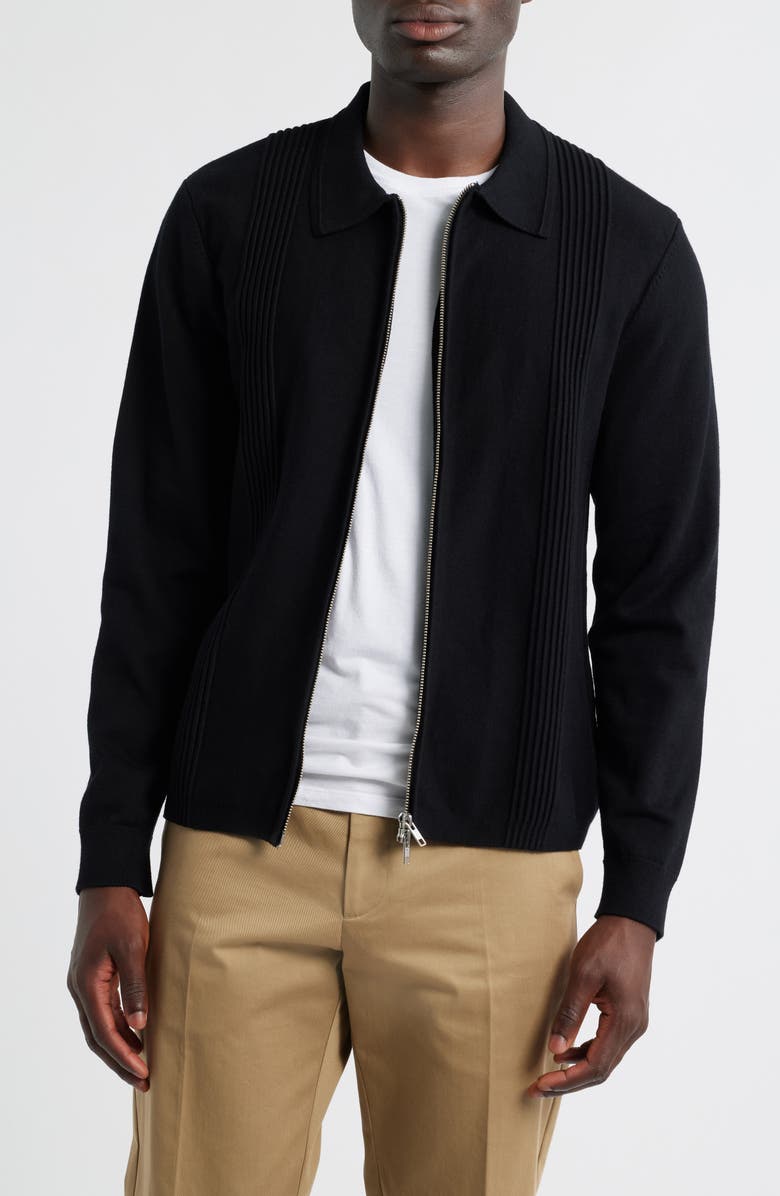 Wax London Lennox Ribbed Knit Cotton & Cashmere Zip-Up Shirt, Main, color, Black