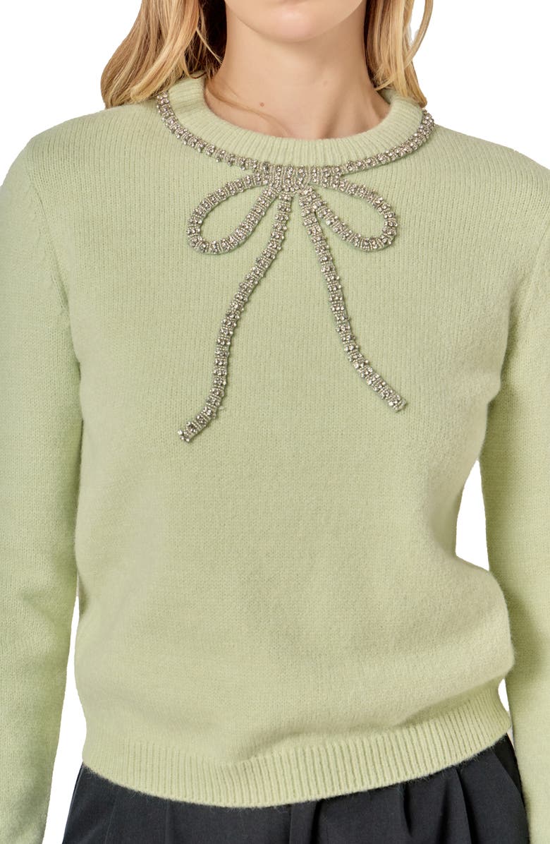 English Factory Rhinestone Bow Sweater, Alternate, color, Sage