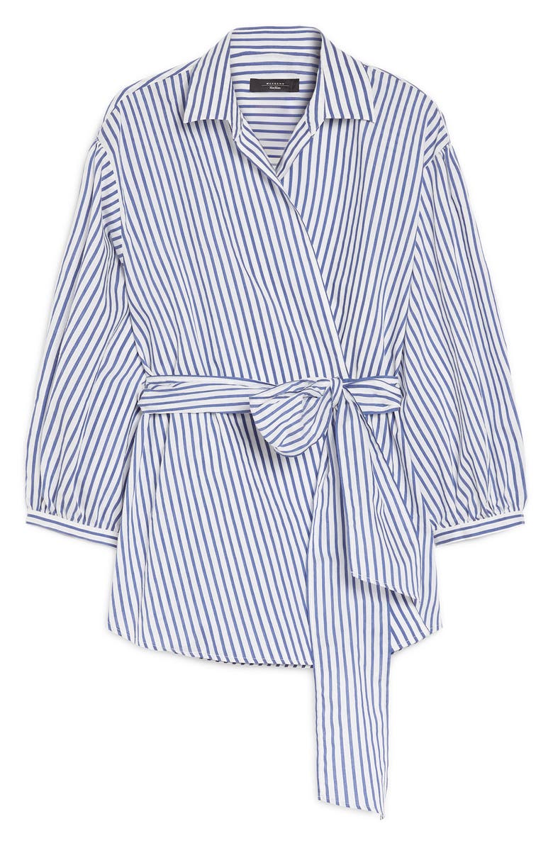 Weekend Max Mara Ceci Stripe Tie Waist Cotton & Silk Shirt, Alternate, color, Cornflower Blue
