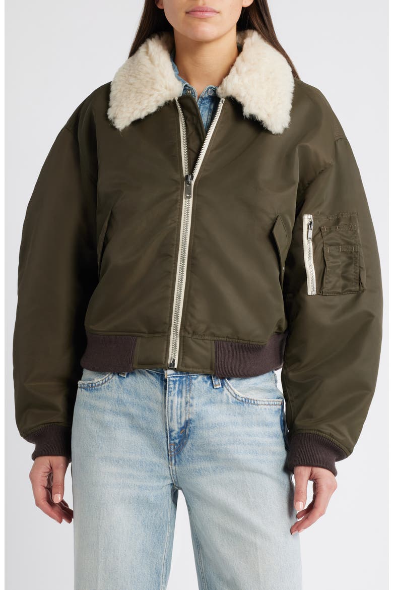 Shrunken Genuine Shearling Collar Water Resistant Bomber, Alternate, color, DARK MILITARY