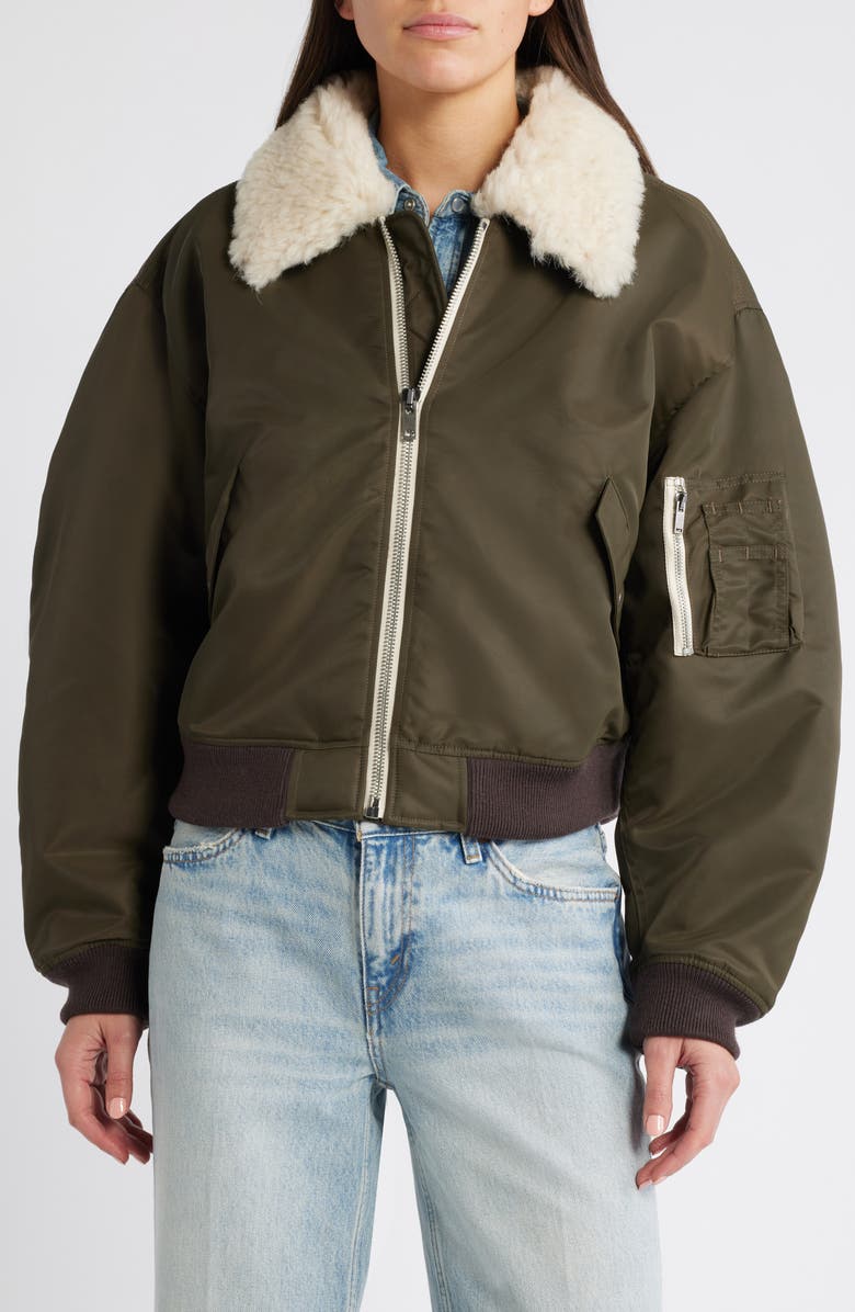 Re/Done Shrunken Genuine Shearling Collar Water Resistant Bomber, Alternate, color, Dark Military