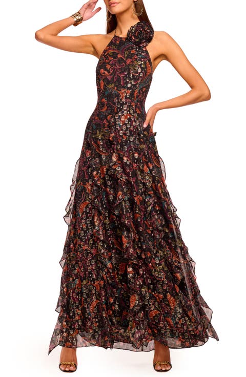 Idella Metallic Print Halter Gown
