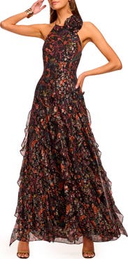 Ramy Brook Idella Metallic Print Halter Gown