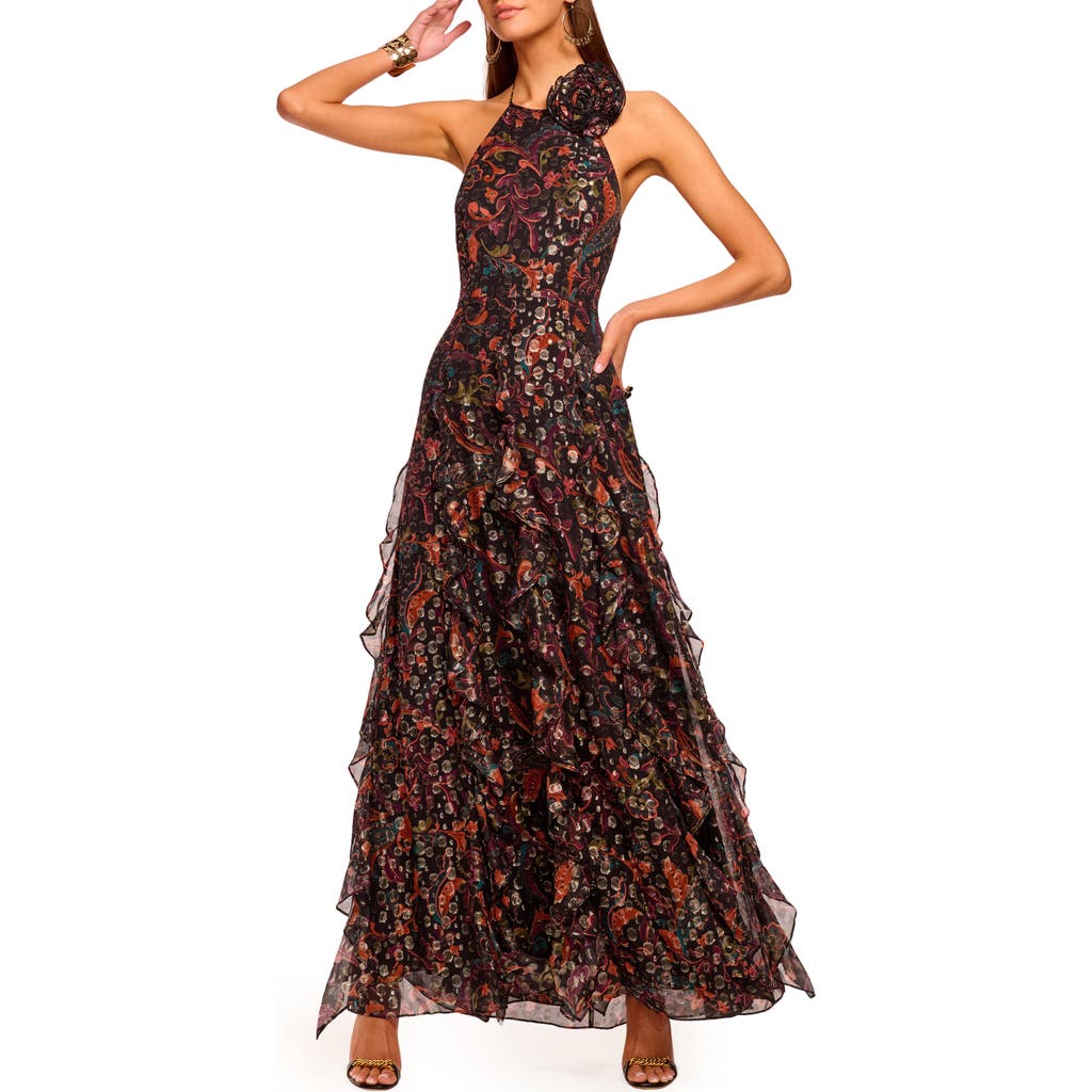Ramy Brook Idella Metallic Print Halter Gown In Multi