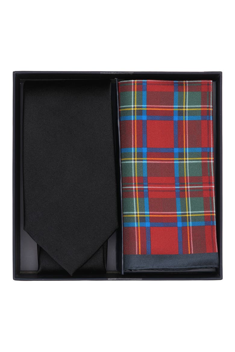 Solid Tie & Tartan Pocket Square Set, Alternate, color, BLACK