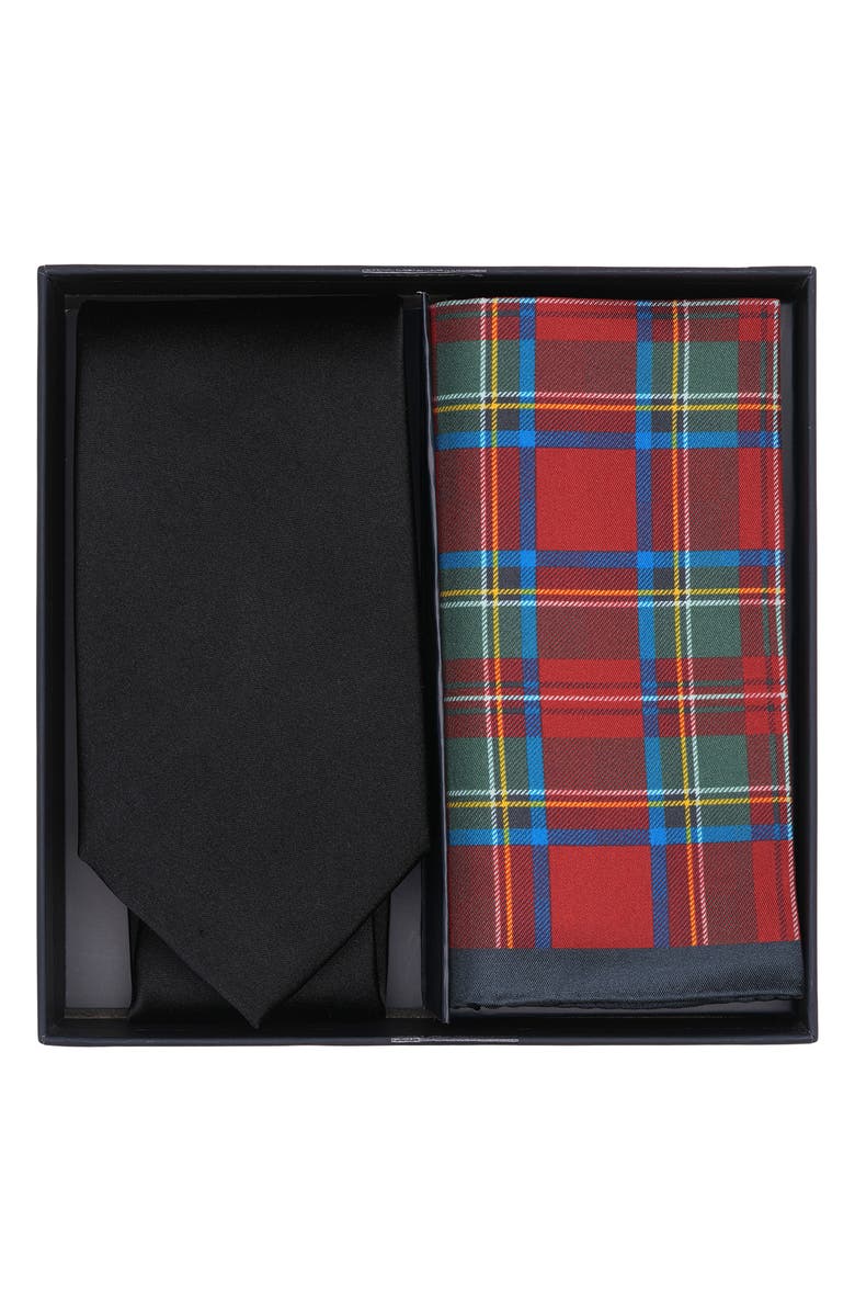 Brooks Brothers Solid Tie & Tartan Pocket Square Set, Alternate, color, Black
