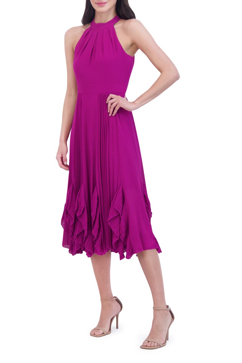 Ruffle Pleat Halter Neck Cocktail Dress, Alternate, color, BERRY