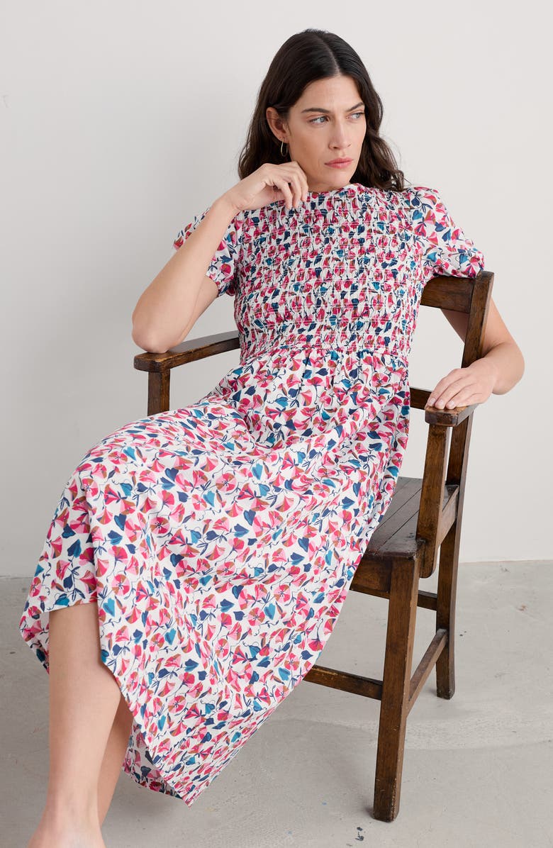 Seasalt Cornwall Meadowsweet Smocked Organic Cotton Midi Dress, Alternate, color, Parasol Floral Chalk