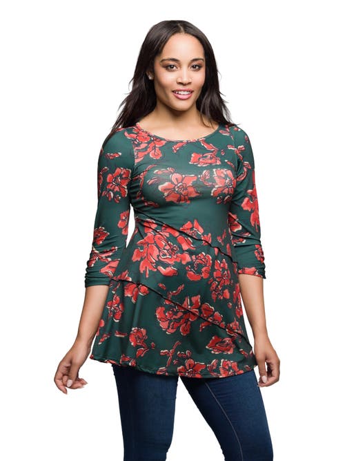 24seven Comfort Apparel Floral Print Three Quarter Sleeve Tunic Top In Green