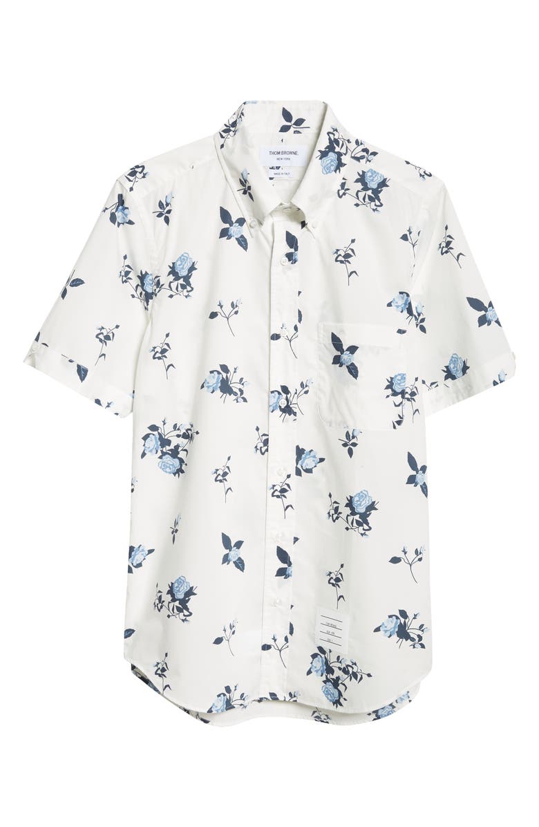 Thom Browne Straight Fit Floral Short Sleeve Cotton Poplin Button-Down Shirt, Alternate, color, 