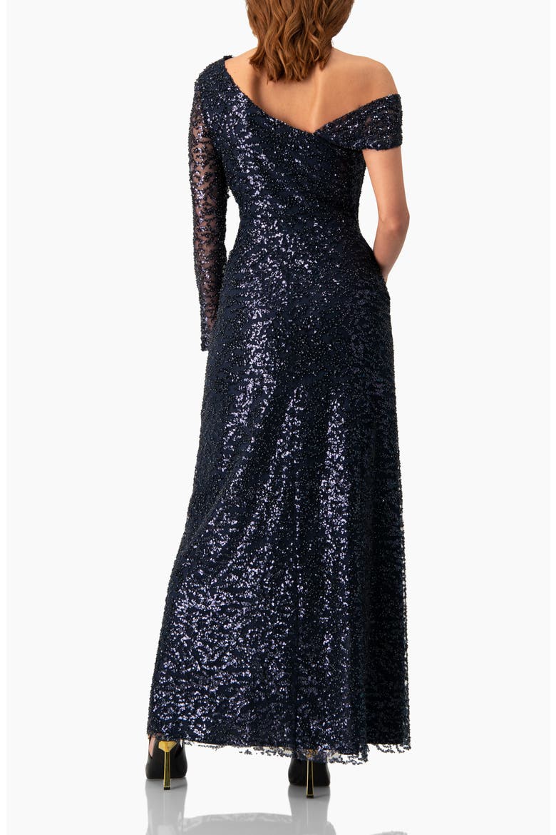 Embroided Gown with Front Slit and One Sleeve, Alternate, color, Navy Blue