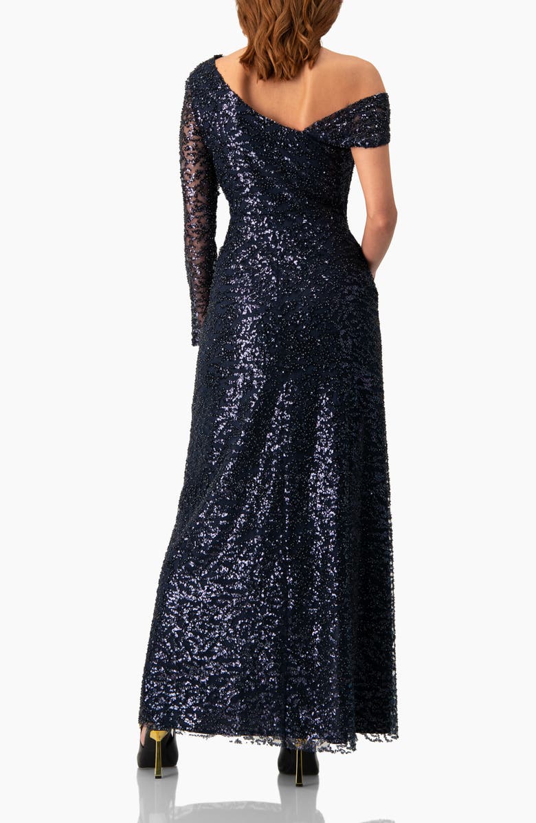 IVONNE Embroided Gown with Front Slit and One Sleeve, Alternate, color, Navy Blue