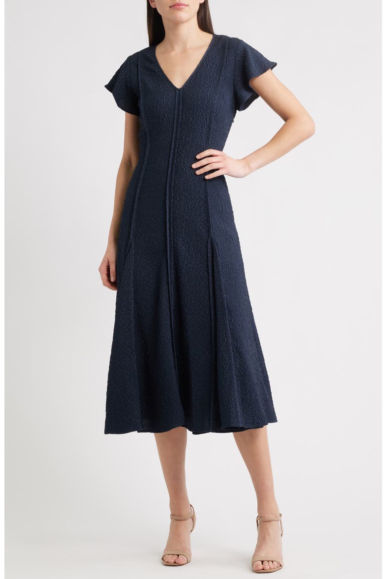 Flutter Sleeve Jacquard Cocktail Dress, Main, color, NAVY
