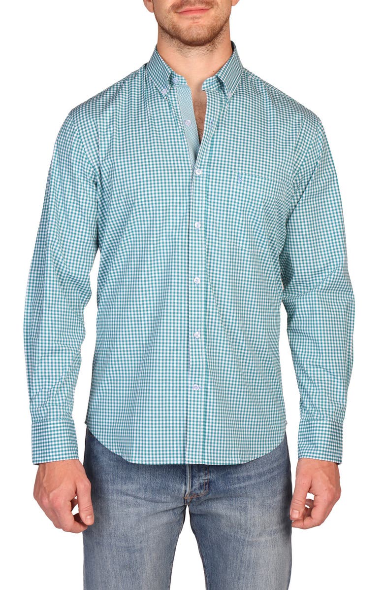 TailorByrd Signature Gingham Print Performance Button Down Shirt, Main, color, Teal