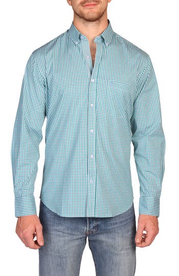 Tailorbyrd Signature Gingham Print Performance Button Down Shirt In Blue