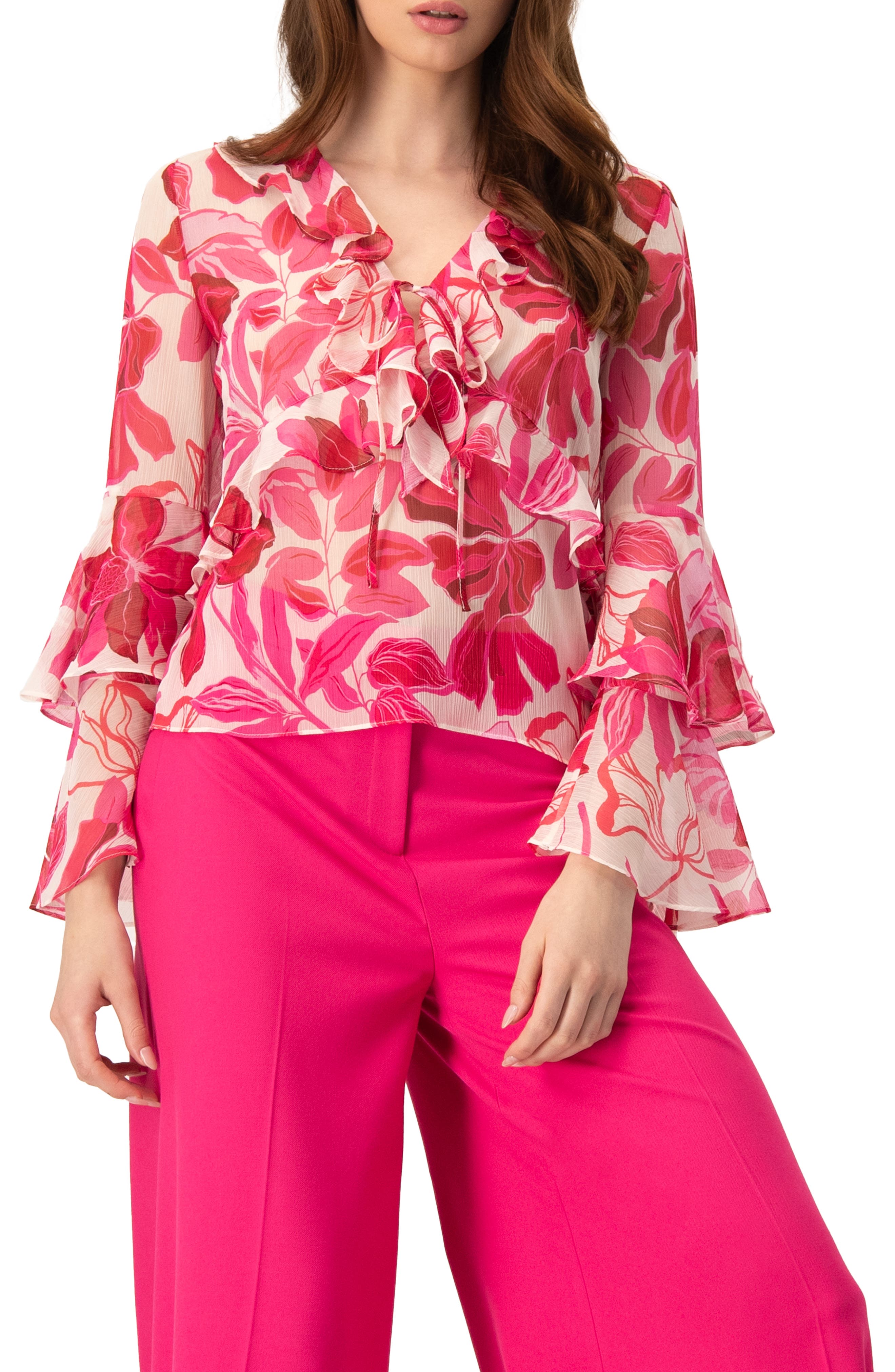 Ivonne Straight Long Sleeve Blouse With Ruffles In Pink
