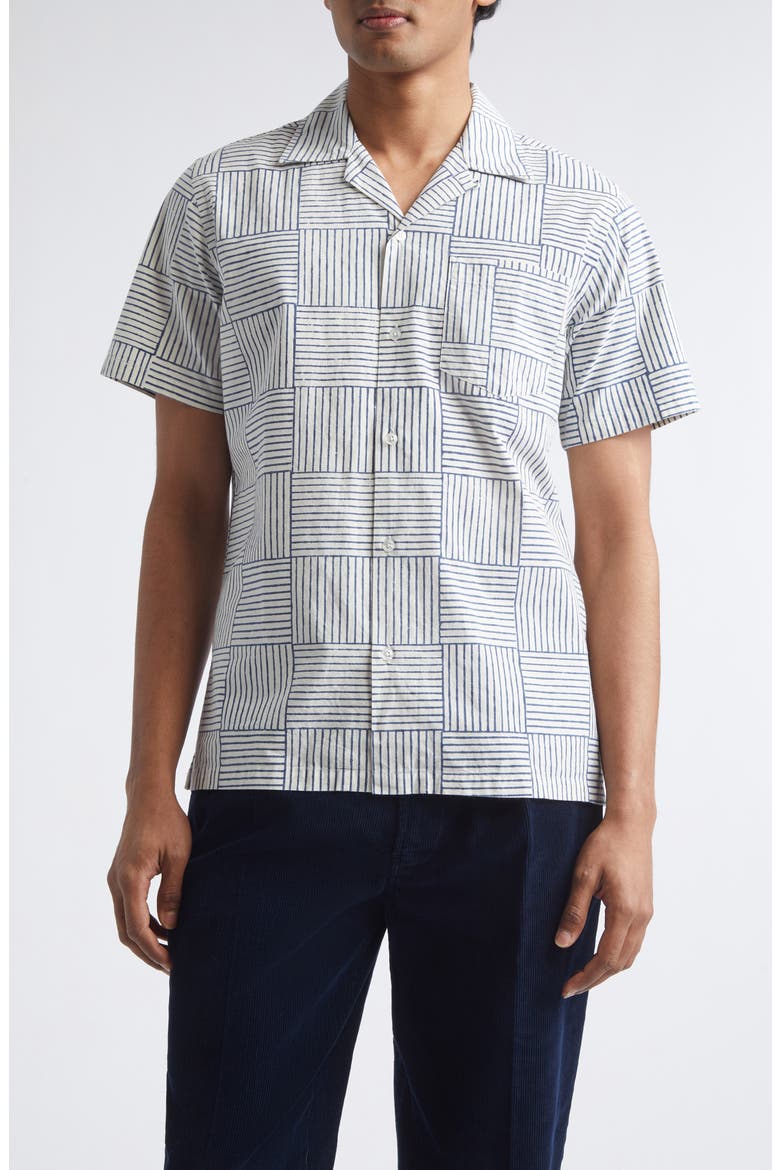 Weave Block Print Cotton Camp Shirt, Main, color, NAVY AND WHITE
