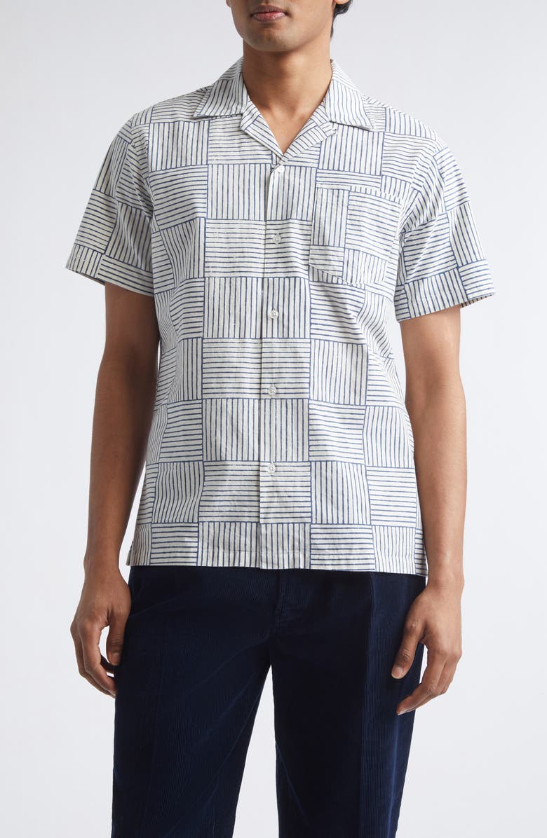Drake's Weave Block Print Cotton Camp Shirt, Main, color, Navy And White