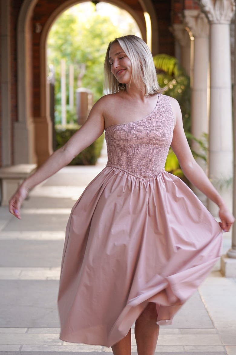 Bianca One-Shoulder Smocked Midi Dress, Alternate, color, Mauve