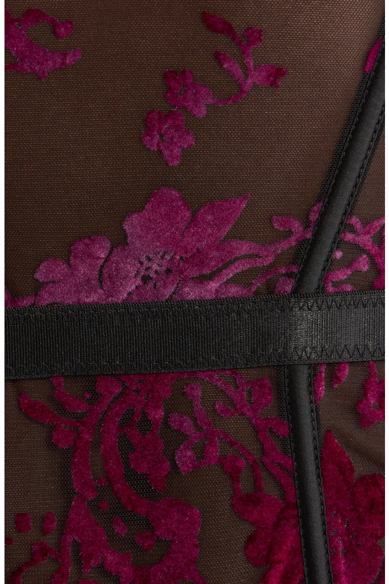 Floral Flocked Underwire Teddy, Alternate, color, BLACK-BOYSENBERRY