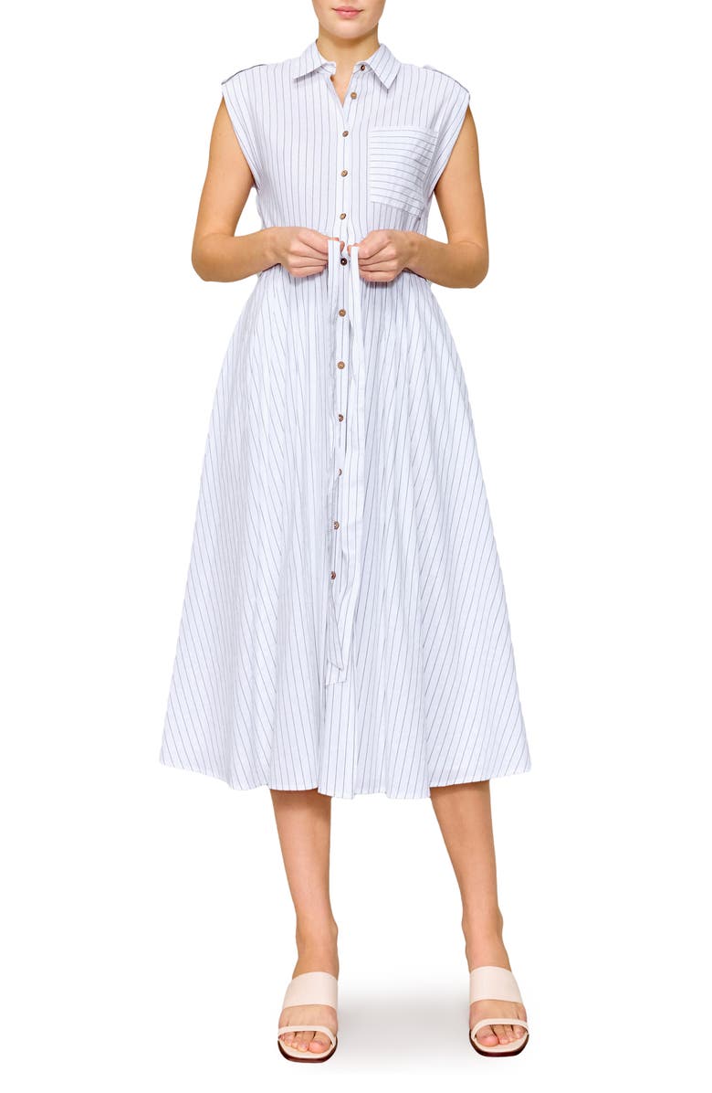 MELLODAY Tie Waist Poplin Midi Shirtdress, Main, color, Ivory/ Black Stripe