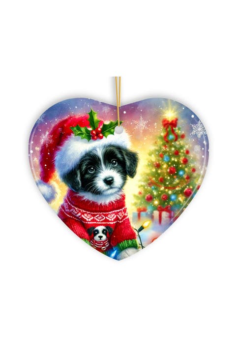 Border Collie Santa Hat Holiday Lights Heart Ornament