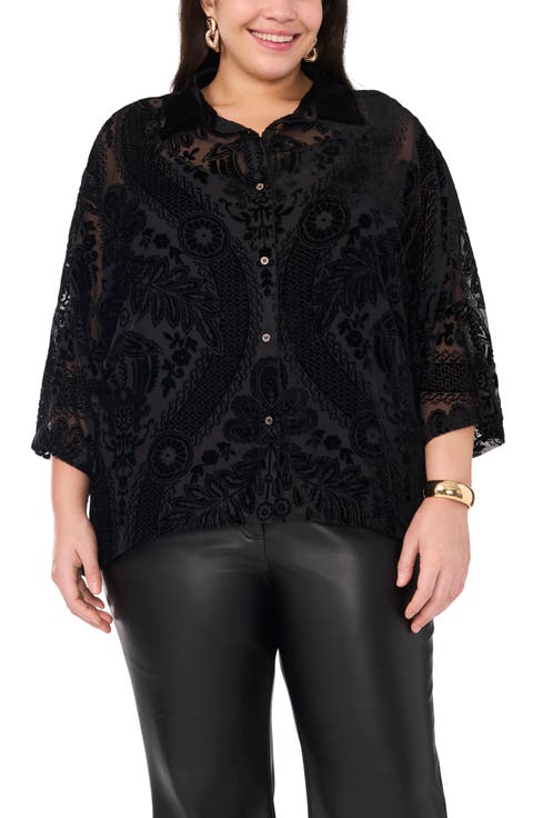 Velvet Burnout Sheer Button-Up Shirt (Plus)