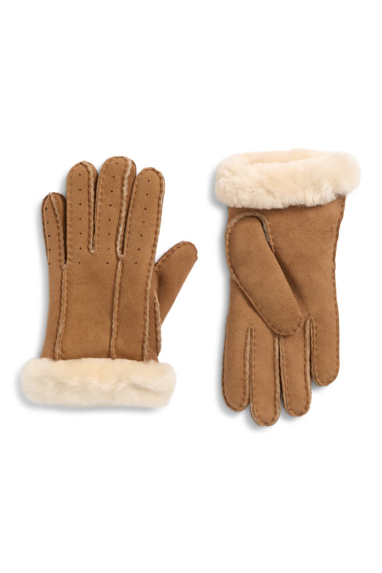 Classic Perforated Genuine Shearing Sheepskin Gloves, Main, color, CHESTNUT
