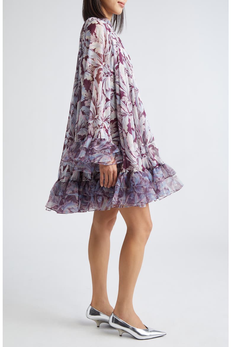 Clairette Tie Neck Long Sleeve Swing Dress, Alternate, color, DEEP PLUM MULTI