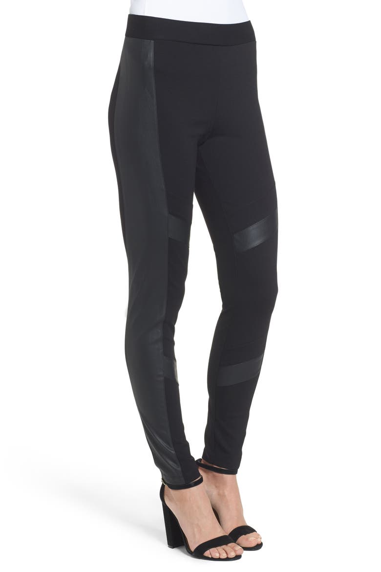 Faux Leather Chevron Panel Ponte Leggings, Alternate, color, RICH BLACK