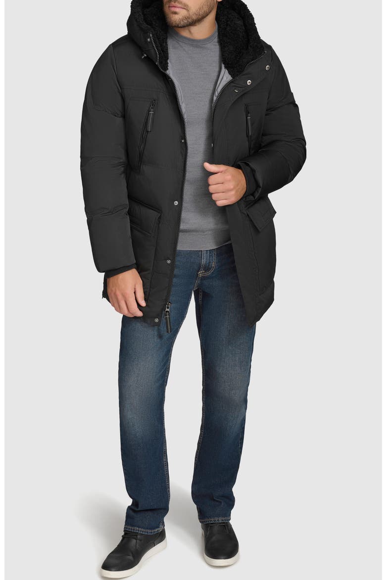 Essential Water Resistant Faux Shearling Lined Down & Feather Insulated Puffer Parka, Alternate, color, BLACK