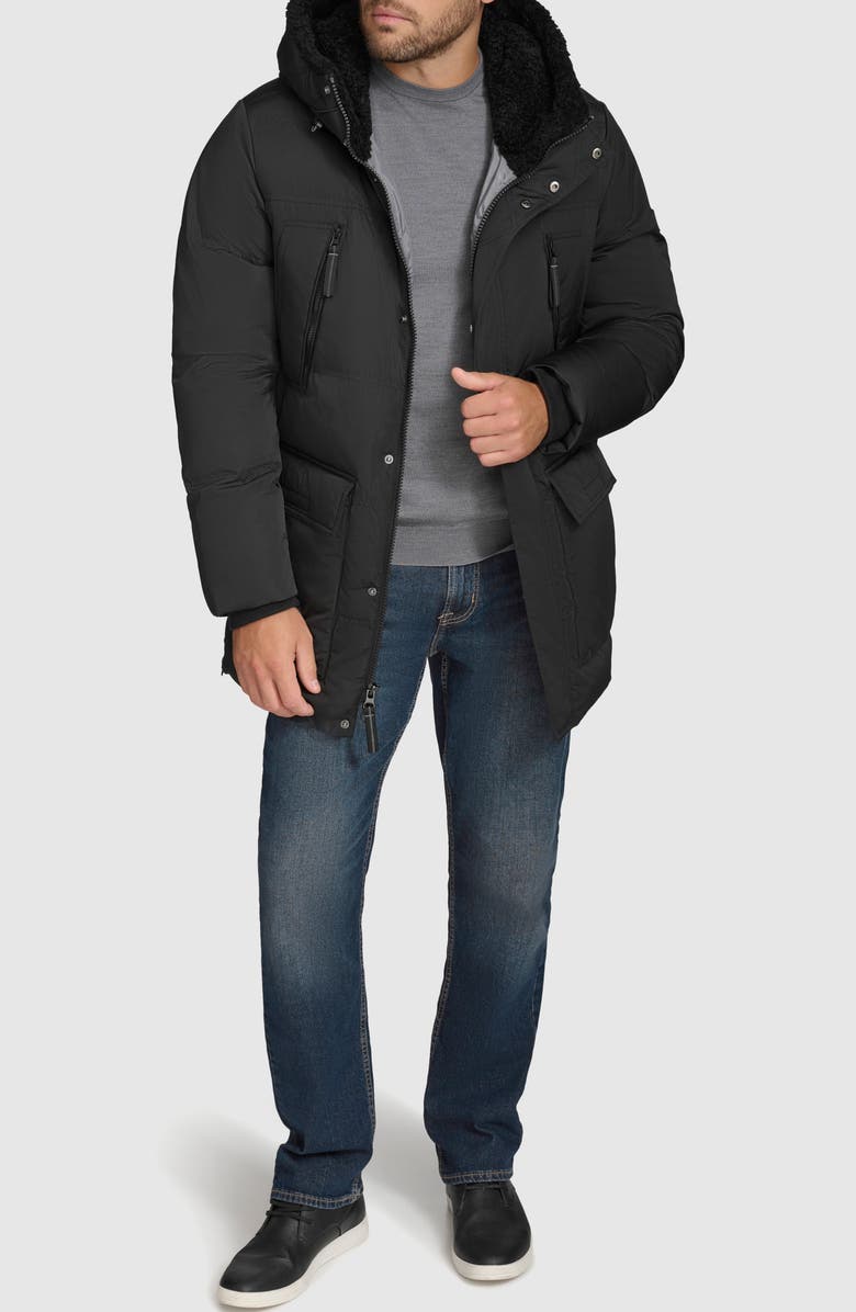Andrew Marc Essential Water Resistant Faux Shearling Lined Down & Feather Insulated Puffer Parka, Alternate, color, Black