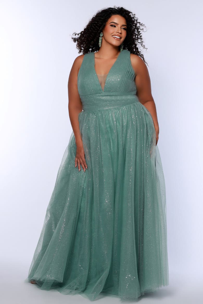 V-Neckline Bra-Friendly Plus Size A-line Gown with Bows, Alternate, color, Sage