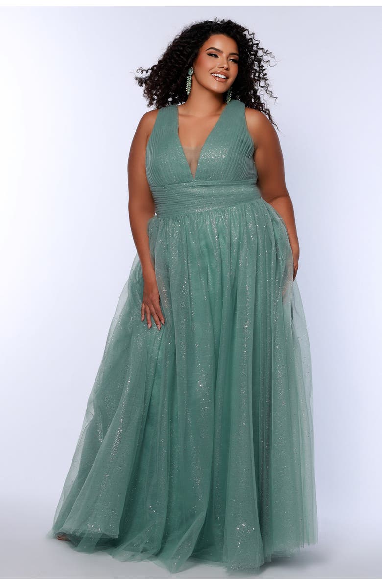 Sydney's Closet V-Neckline Bra-Friendly Plus Size A-line Gown with Bows, Alternate, color, Sage