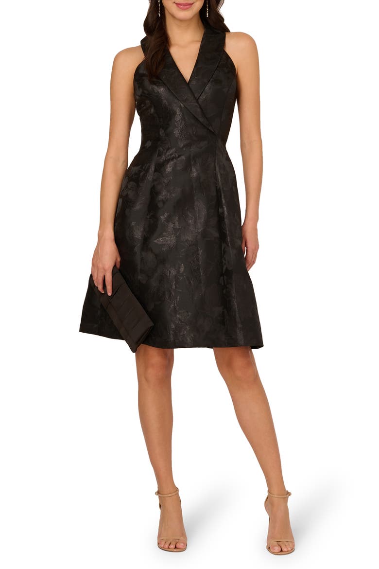 Metallic Floral Jacquard Sleeveless Fit & Flare Cocktail Dress, Main, color, BLACK