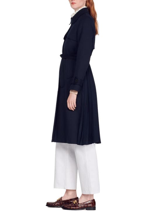 Sandro Trench Coat With Pleated Inset In Navy Blue