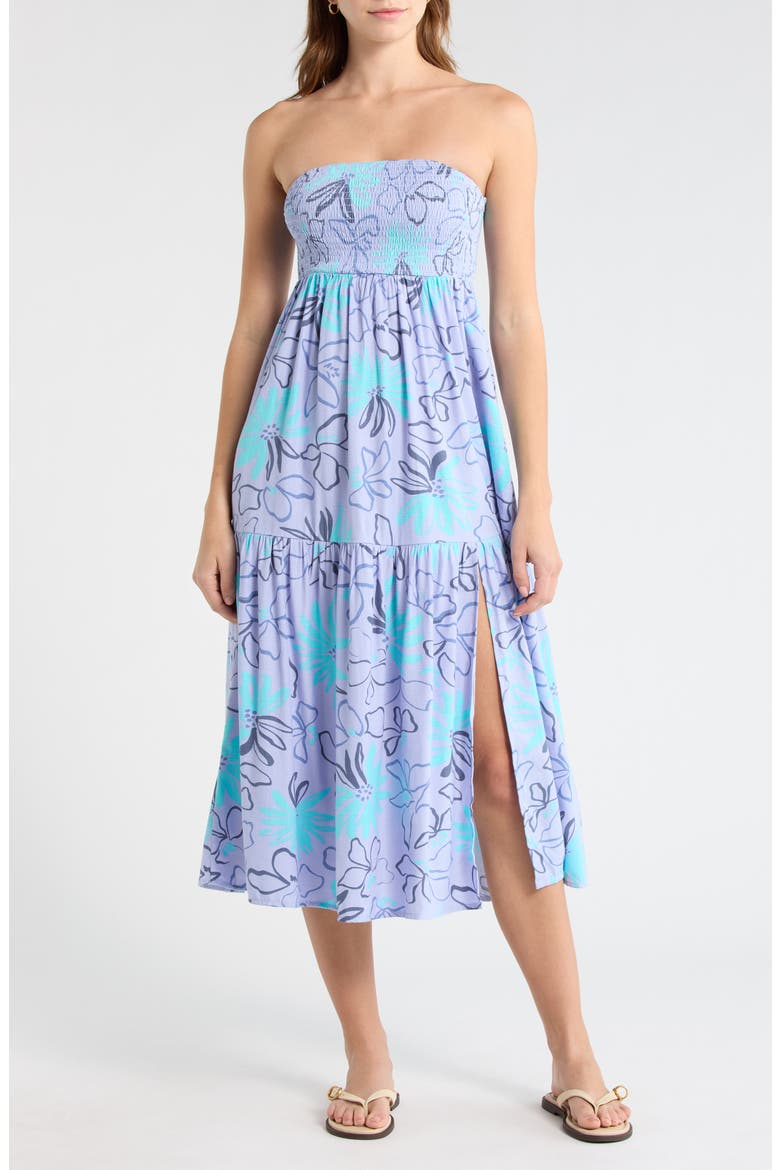 Tropical Daze Smocked Bodice Cotton Blend Midi Sundress, Main, color, TWILIGHT BLUE