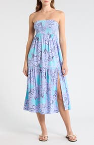 Billabong Tropical Daze Smocked Bodice Cotton Blend Midi Sundress