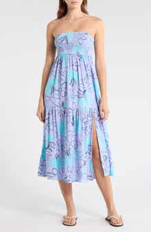 Tropical Daze Smocked Bodice Cotton Blend Midi Sundress