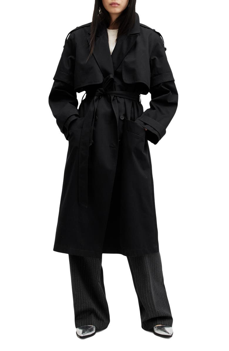 AllSaints Clyde Double Breasted Trench Coat, Main, color, Black