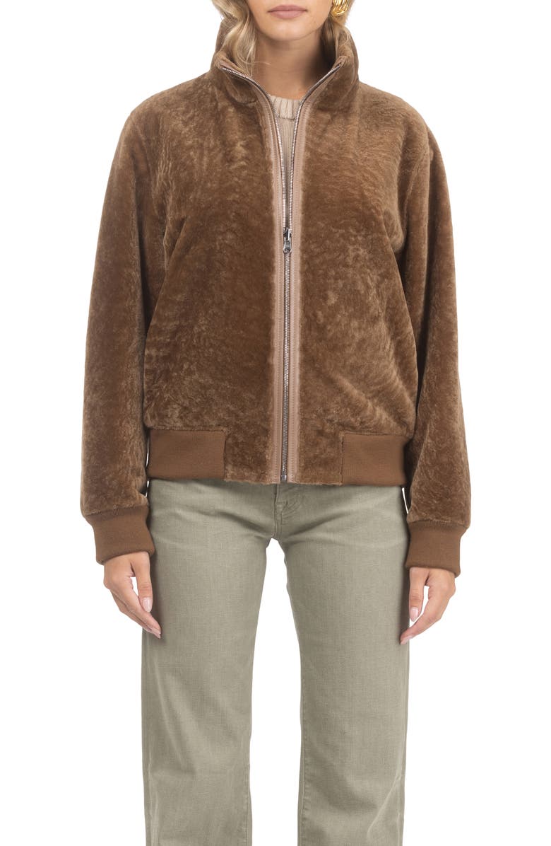 GORSKI Reversible Textured Genuine Shearling Bomber Jacket, Alternate, color, Camel/Camel