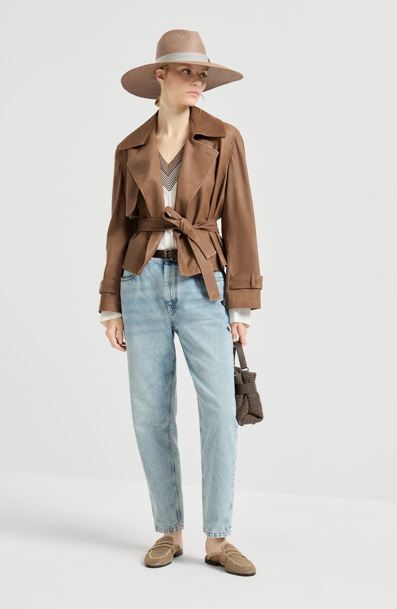 Brunello Cucinelli Vintage nappa Crop trenchcoat, Alternate, color, Brown